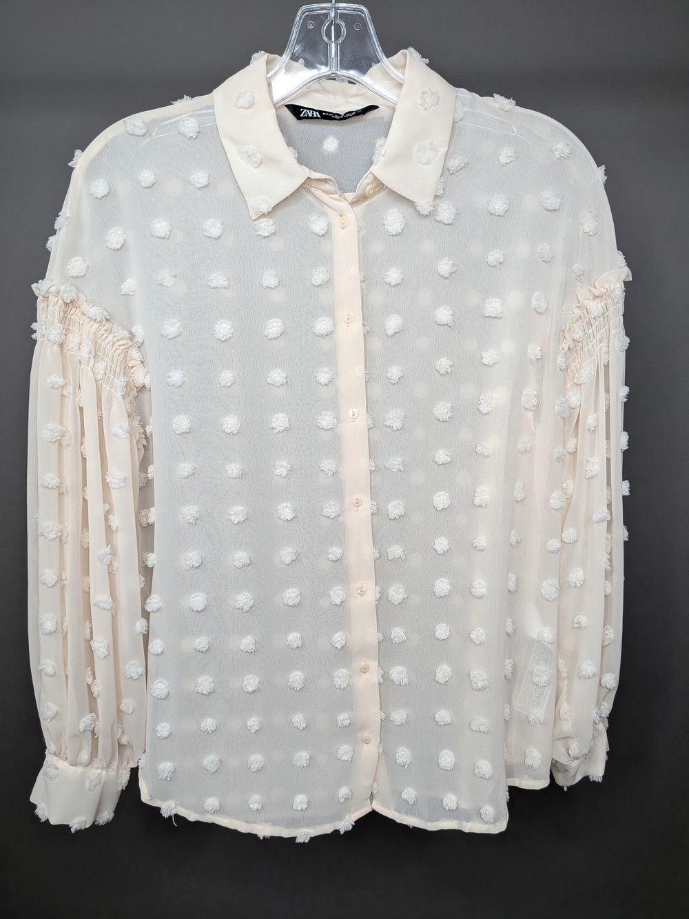 Zara Cream Textured Pom Pom Dot Button-Up Blouse